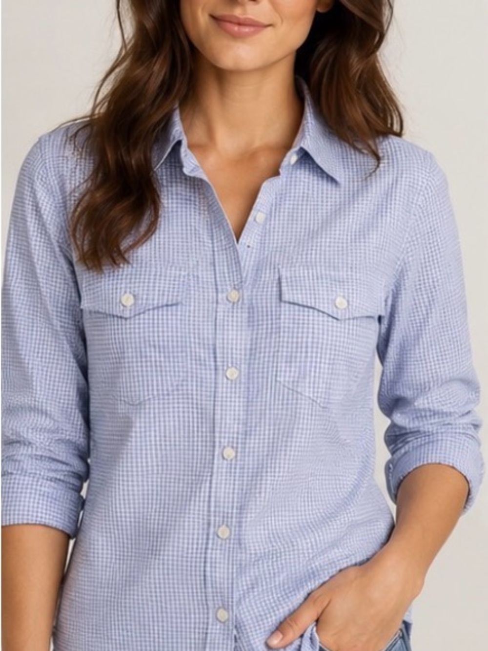 Banana Republic Soft Wash Gingham Button Down Shirt Blue White Petite Medium